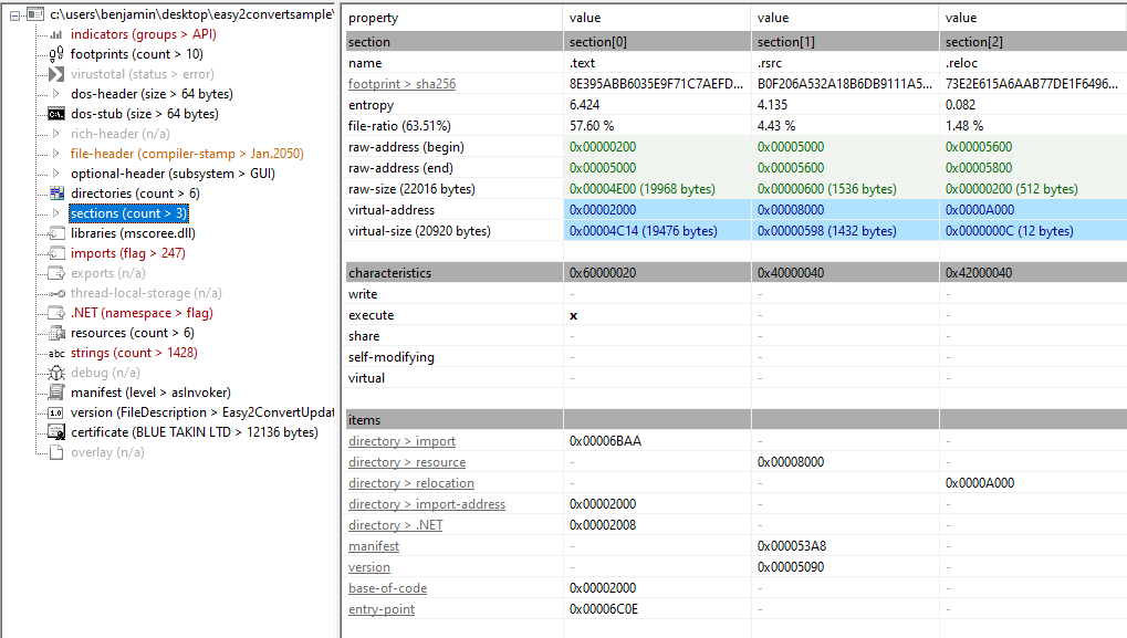File's sections and entropy'